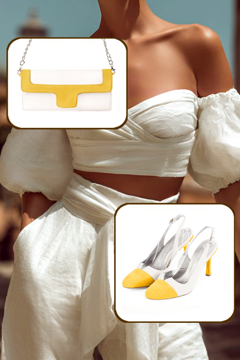 Women's yellow and off white elegant slingback heels. Round toe. High slim heel - Worn view